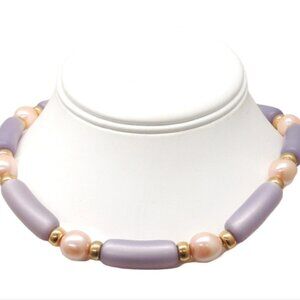 Vintage Signed Napier Purple Resin & Pink Faux-Pearl Collar Necklace